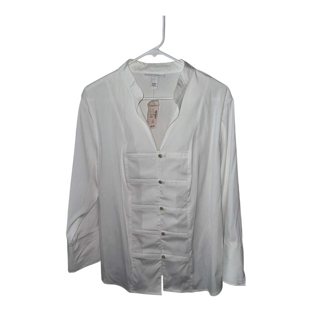 DressBarn Woman White Satin Blouse 1X 14W/16W Stretch NWT Mandarin Collar Office